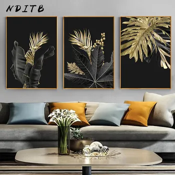 

Golden Plant Leaf Abstract Canvas Art Painting Nordic Poster Black White Print Minimalist Wall Picture Modern Living Room Decor