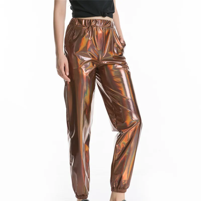 Цветные блестящие длинные штаны из лакированной кожи для женщин, уличные хип-хоп вечерние свободные штаны с голограммой и лазером, штаны в стиле панк, Spodnie Damskie O11