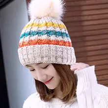 Осенне-зимняя Шапка-бини с помпоном, женская вязаная шерстяная шапка Skullies, повседневная женская шапка с помпоном из натурального меха енота