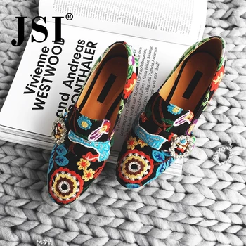 

JSI Spring Casual Women Pumps Handmade Cotton Fabric Fashion Ethnic Embroider Ladies Shoes Elegant Square High Heel Pumps JO63
