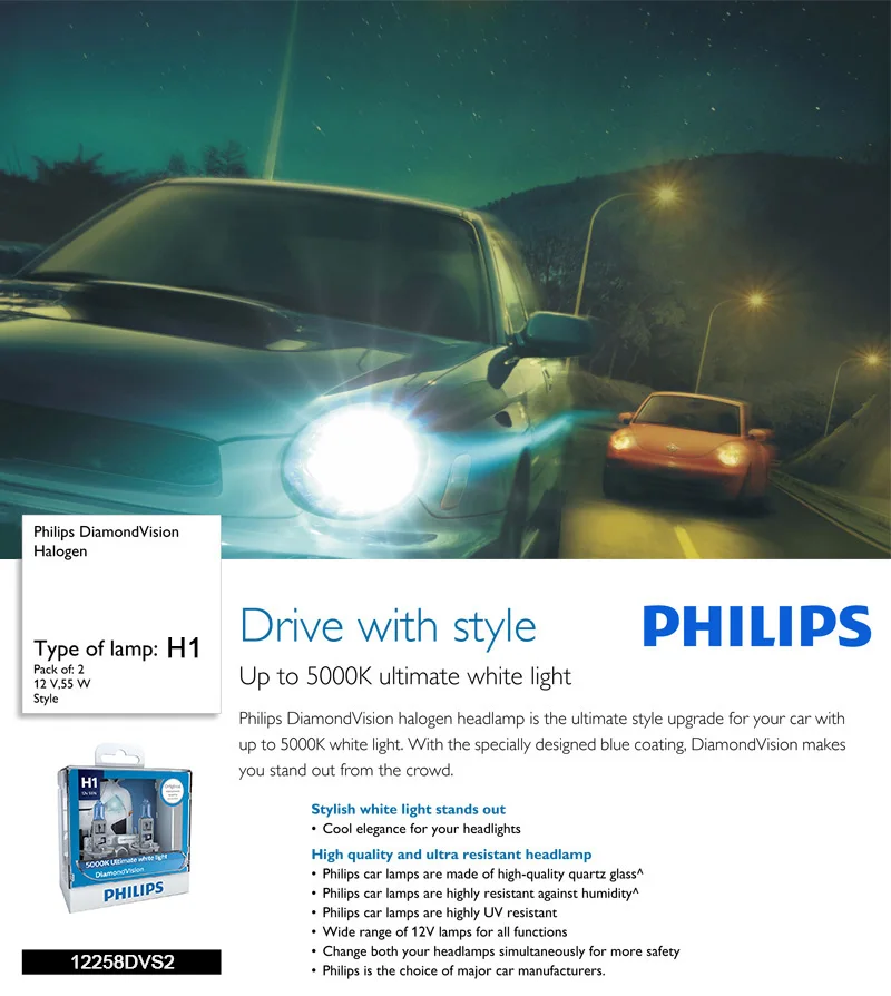 Philips H1 12V 55W P14.5s Diamond Vision 5000K ксенон супер белый светильник галогенные лампы Автомобильные фары 12258DV S2, пара
