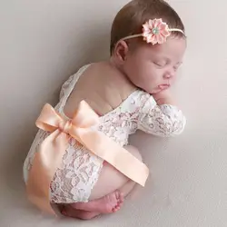 Barboteuse en dentelle pour nouveau né, accessoires pour bébé, vêtements Photo, ensemble bandeau en dentelle avec nœud, accessoires de photographie, body + bandeau, 2021 