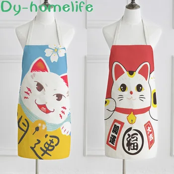 

60*68cm Japanese Style Multi-style Lucky Cat Cotton Linen Apron Adult Sleeveless Apron Waterproof Oil Proof