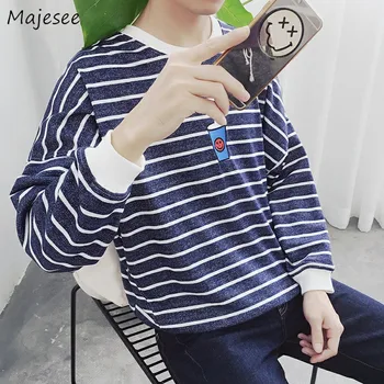 

Hoodies Men O-Neck Leisure Striped Simple All-match Korean Style Ulzzang Sweatshirts Mens Autumn Harajuku Cotton Chic Pullovers