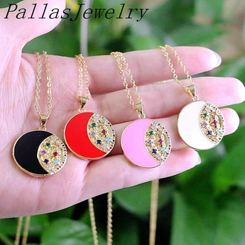 

10Pcs Micro Pave CZ Zirconia & Enamel Mix Color Round Pendant Necklace, Metal Enamel Charm,Golden Jewelry For Women