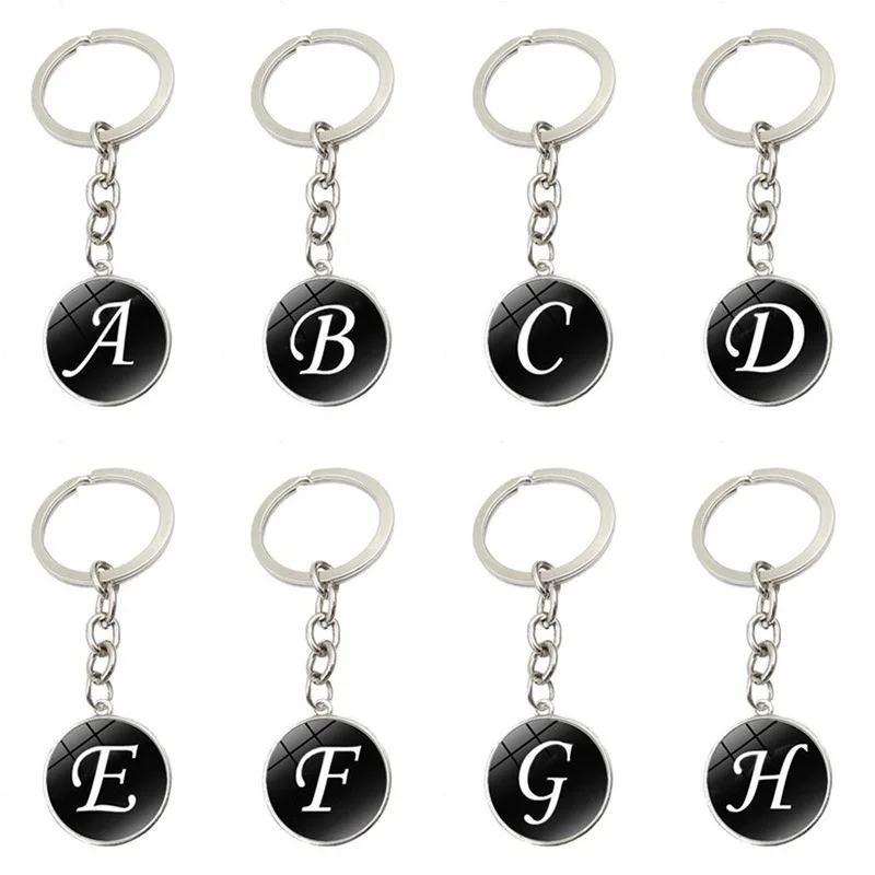 

26 English Lettered Time Stone Glass Pendant Keychain Metal Key Chain Accessories Small Gifts