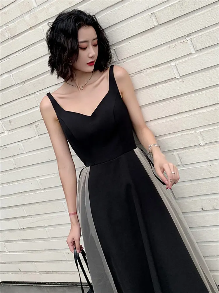 Это коктейльное платье Yiya 2019, сексуальное черное платье без рукавов с v-образным вырезом, коктейльные платья длиной до колена