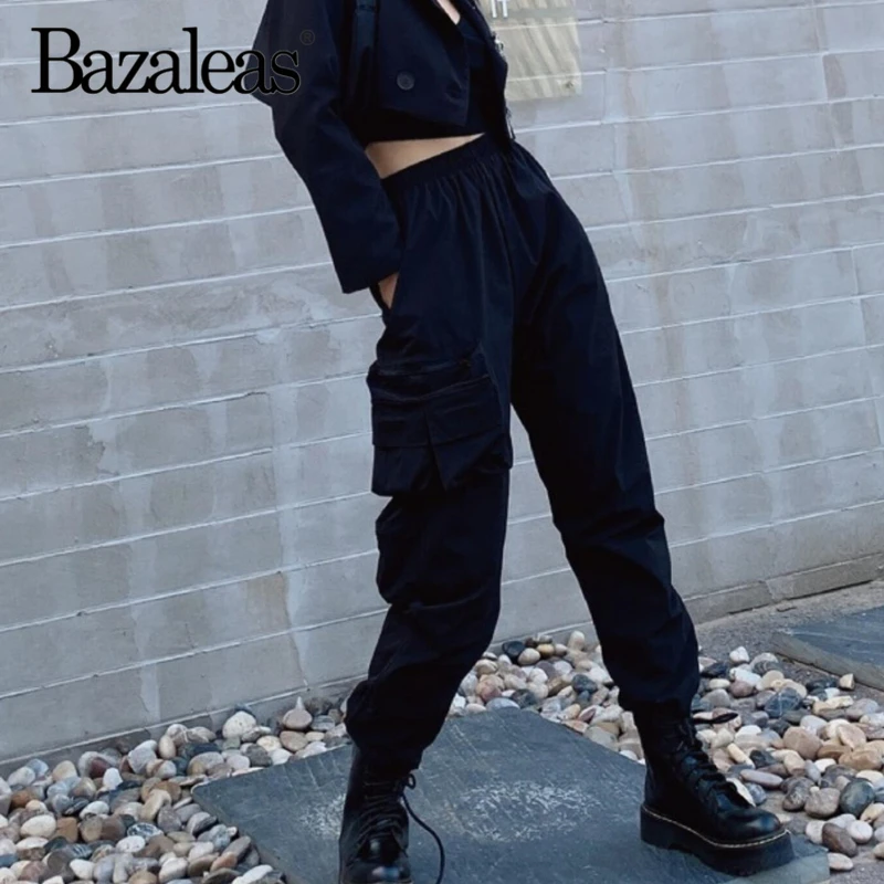 Bazaleas Sreetwear панк черный боковой карман Джоггеры для женщин крутая эластичная талия женские брюки-карго Готический пот брюки дропшиппинг