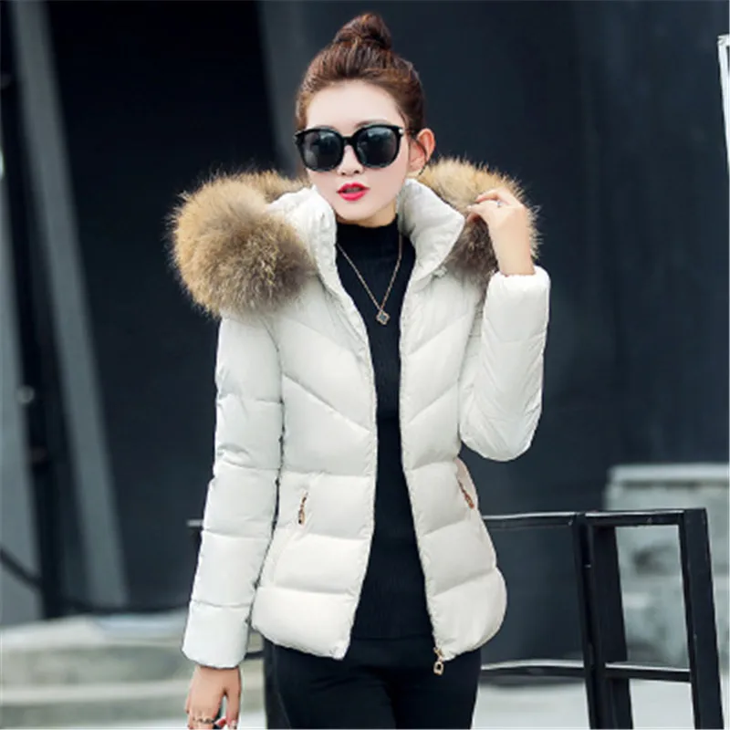 Slim Jacket Women Parkas Winter Fur Collar Coats Hooded Cotton Padded Short Jackets Female Warm Casual Solid Color Overcoat