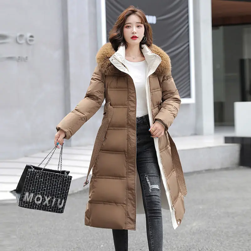 winter-parka-women's-solid-color-hooded-fur-collar-belt-mid-length-slim-down-cotton-mid-length-coat-women's-clothing-new-coat