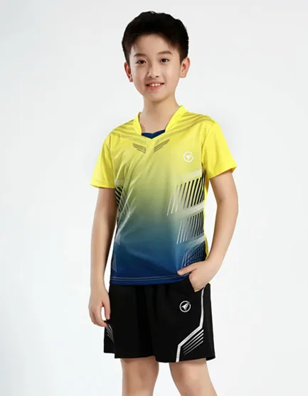 Высокое качество, Детские теннисные рубашки и шорты, спортивные костюмы, Детский комплект с коротким рукавом для бадминтона, для мальчиков и девочек, для настольного тенниса, Джерси, спортивная форма - Цвет: Yellow B122