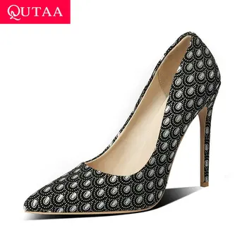

QUTAA 2020 Printing PU Leather Buckle Sexy Pointed Toe Stilettos Spring Fashion Fine High Heel Women Single Shoes Big Size 34-43