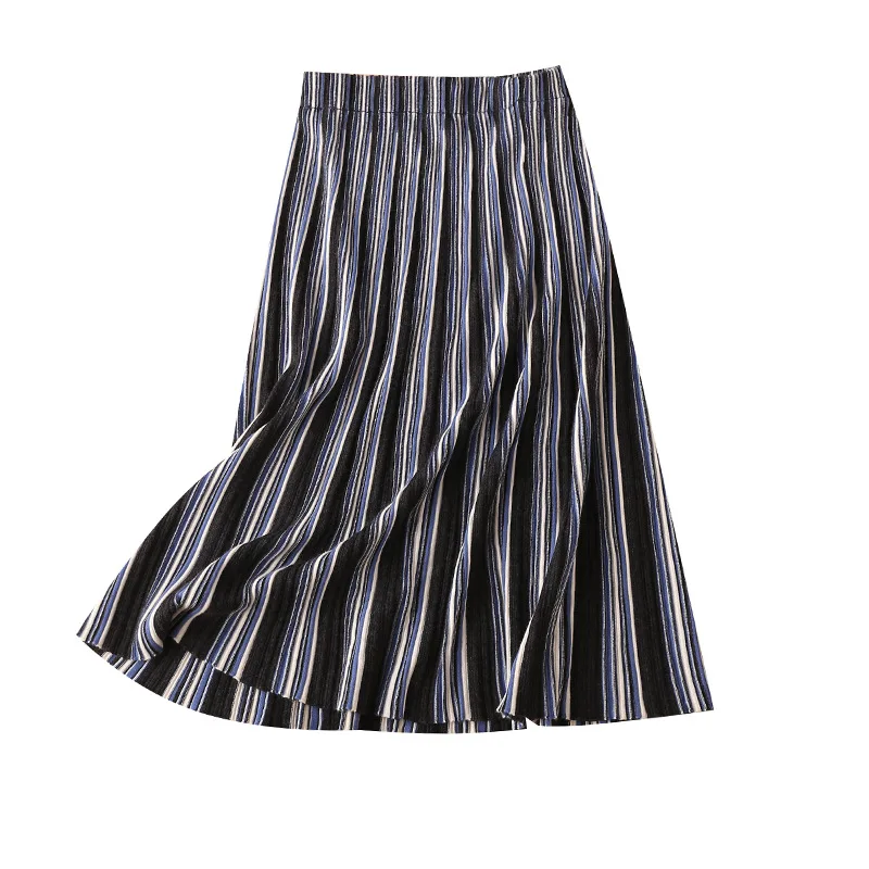 

High-Waisted Stripe Knitted Skirts Womens Mid-Calf Office Lady Empire Faldas Mujer Moda 2020 Autumn Winter Korean Skirt