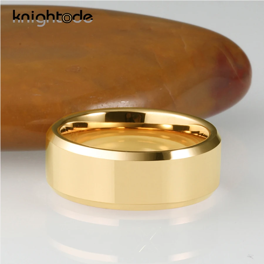 6/8mm Gold Color Wedding Band Men Women Tungsten Carbide Engagement Rings Beveled Edges Flat Polishing Comfort Fit