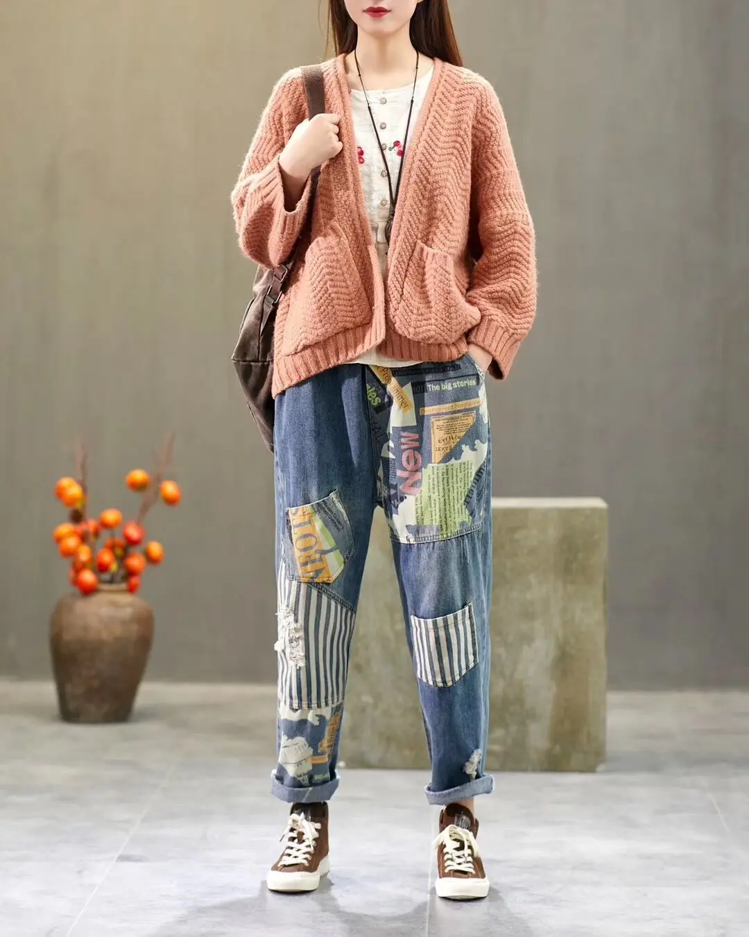 Runback Jean Femme, Лоскутные Джинсовые штаны, весна, Ретро стиль, эластичная талия, с принтом, в полоску, джинсы для женщин, мешковатые штаны, повседневные женские джинсы