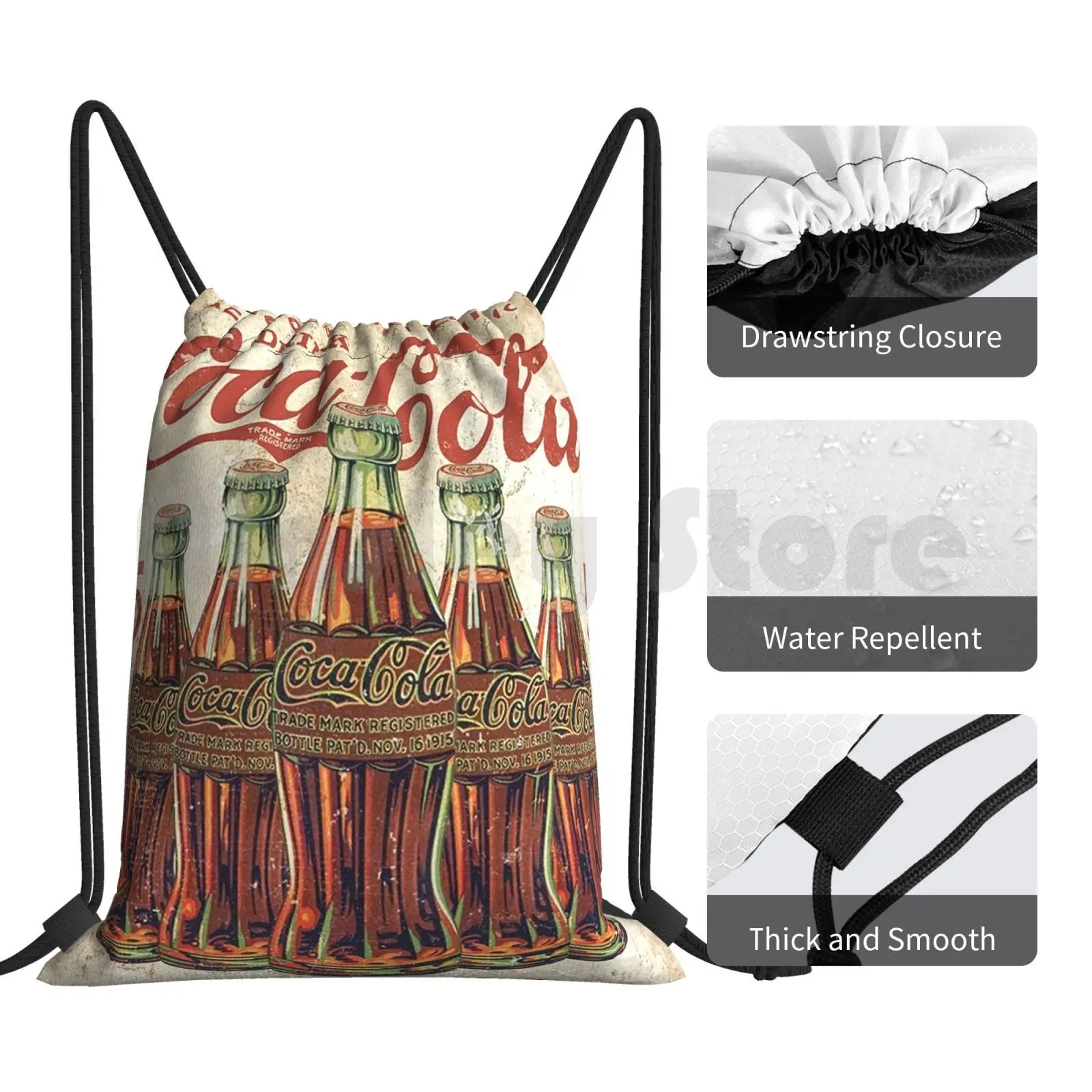 Bottles Vintage Backpack Drawstring Bag Riding Climbing Gym Bag  Vintage Coke Cola Coca Red Logo Pop Drink Soda Drinks Retro