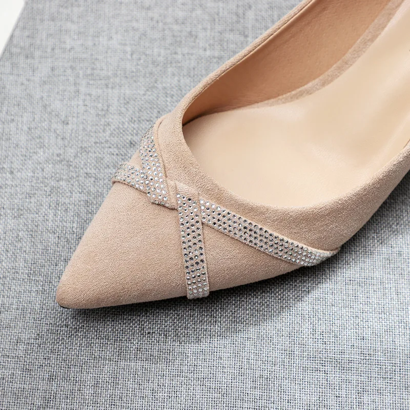 Thin High Heels Pumps Women Shoes women pumps Flock Slip On 3.5CM Pointed Toe Shallow Rhinestones zapatos de mujer heels black