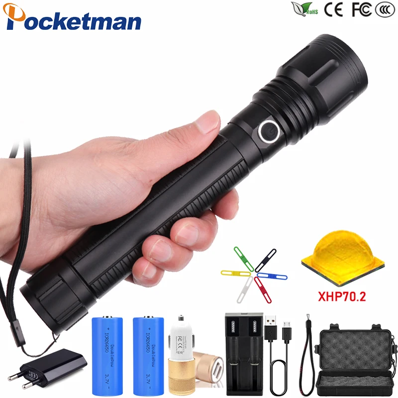 

Waterproof LED Flashlight 70000lumens Powerful XLamp xhp70.2 led torch Zoomable 5modes xhp50 18650 or 26650 battery Best Camping