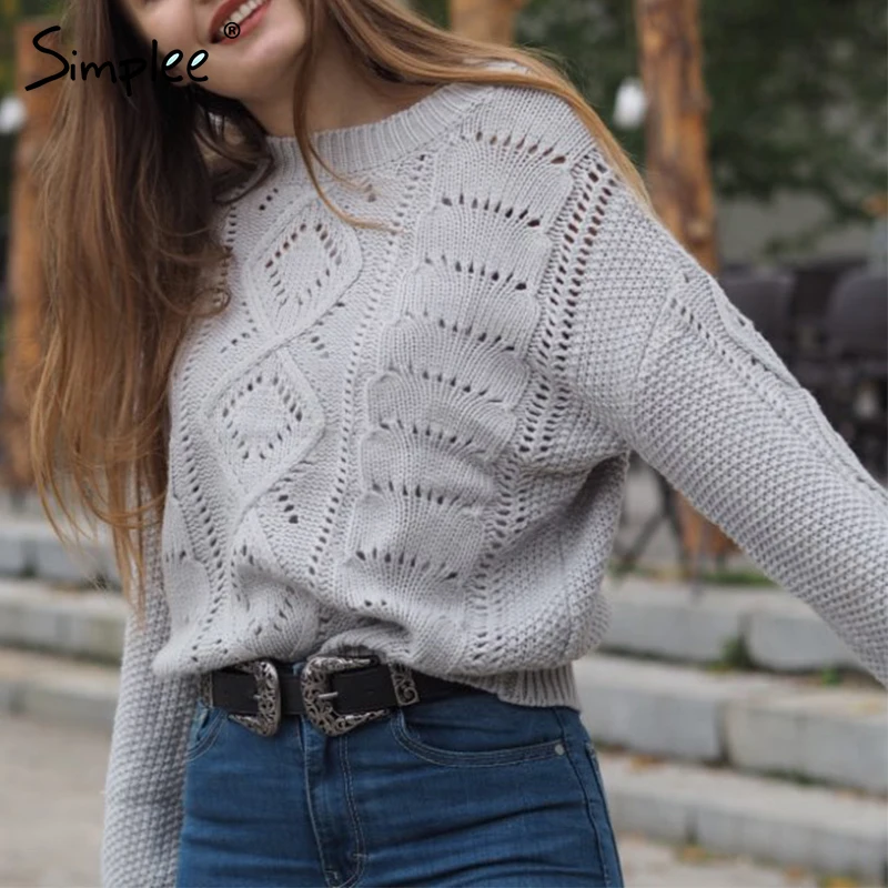 Simplee Hollow out knitted women pullover sweater Lantern sleeve female autumn winter sweater O-neck casual ladies jumper