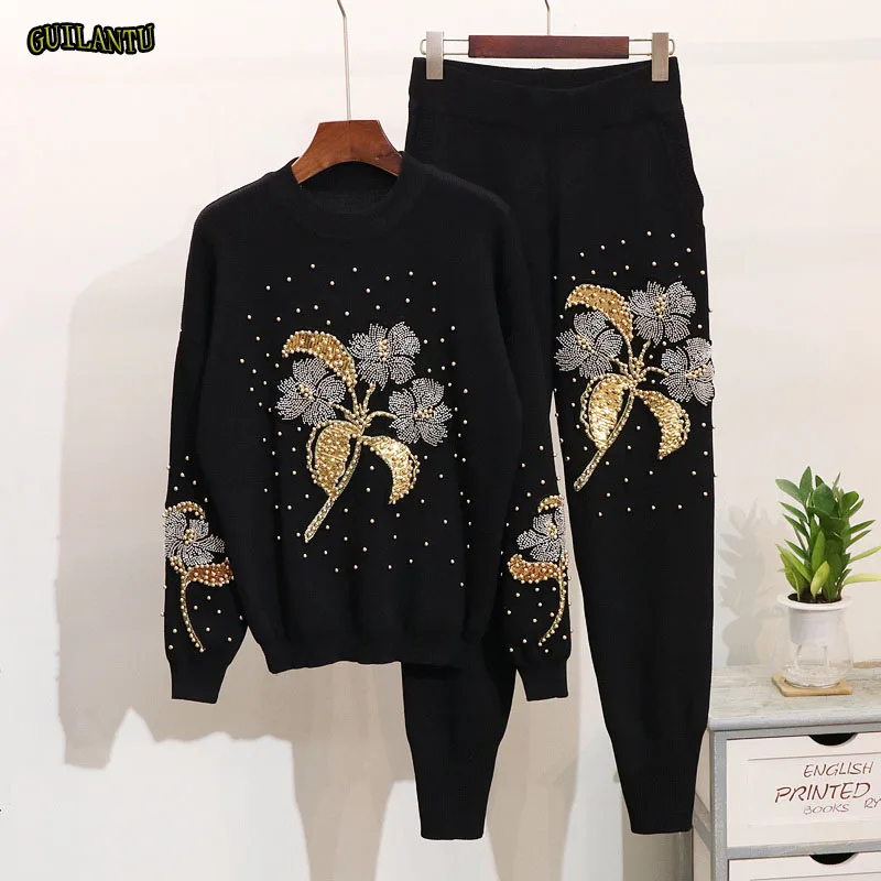 

Floral Embroidery Beading Sequined Knit Two Piece Set Women Fashion Sweater And Elastic Pants Casual Autumn Winter Tracksuits