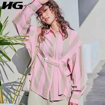 

HG Striped Shirts Women Pink Long Sleeve Irregular Loose Fashion Sweet Korean Style Tops 2019 New Autumn Blouse Women ZYQ1797