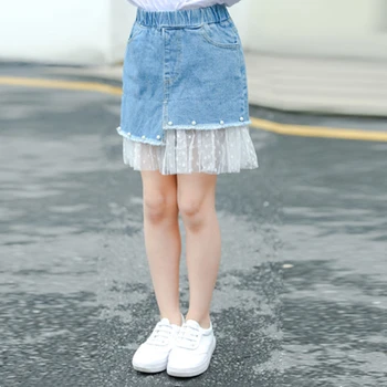 

Children Clothes Summer Girls Skirts Toddler Kids Pearl Lace Cowboy Skirt Cotton Blended Little Girl Denim Princess Short Skirts
