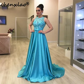 

African Long Prom Dresses 2019 Sheer Blue Lace Appliques Girls Party Gowns Cheap Plus Size Formal vestidos de festa
