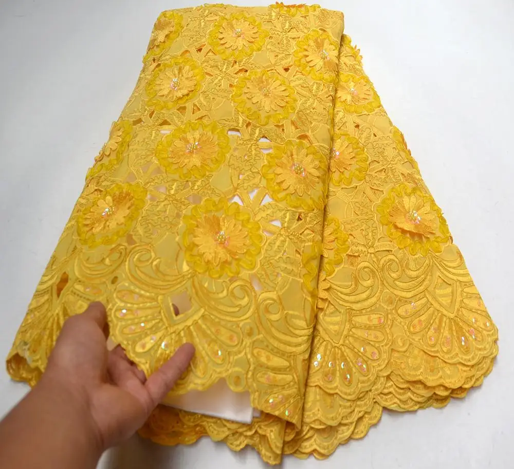 

Newest Yellow color (5yards/pc) high quality African cotton lace fabric Fashion Swiss voile lace fabric for party dress