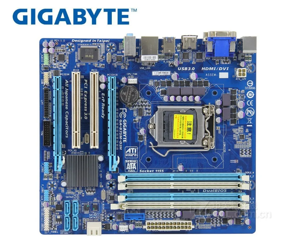 Оригинальная Материнская плата Gigabyte GA-B75M-D3H LGA 1155 DDR3 ram 32G B75 B75M D3H материнская плата B75M-D3H DVI VGA HDMI USB3 б/у ПК