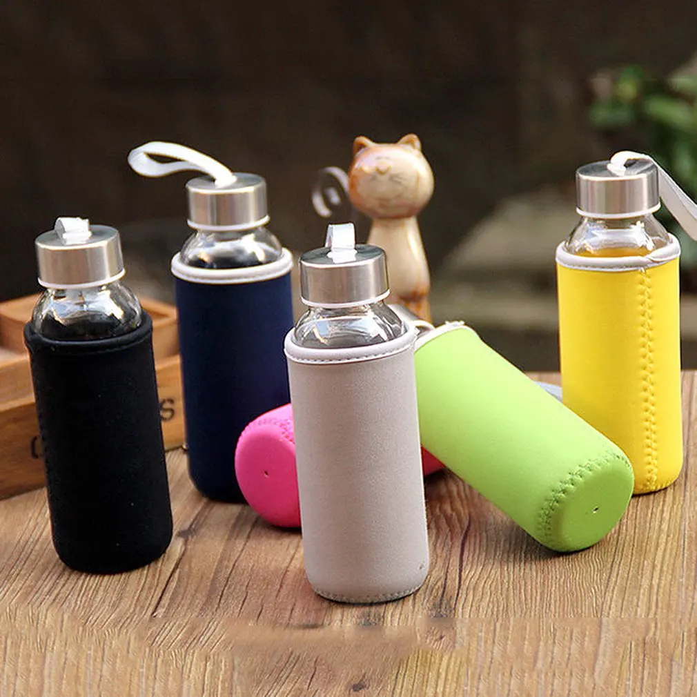 300ml Glass Drinking Bottle Borosilicate Glass Water Bottle with Cloth Cover Pouch Portable Travel Drink Bottle