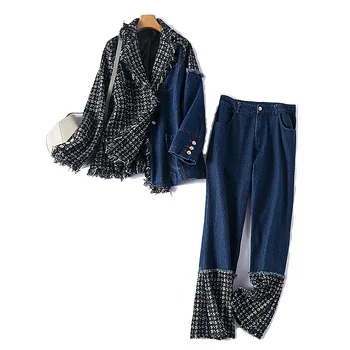 

Autumn and winter women's suit pants two-piece suit Casual loose denim stitching plaid ladies jacket Elegant flared trousers