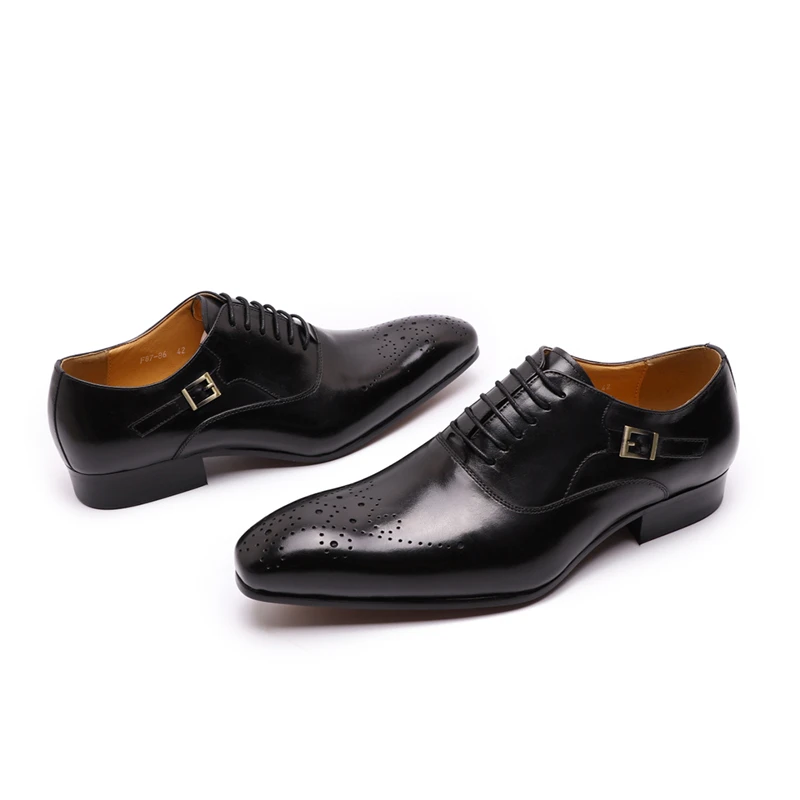 Мужские модельные туфли ручной работы в итальянском стиле; Туфли-оксфорды из натуральной кожи с пряжкой на шнуровке для свадьбы и офиса; цвет черный, коричневый - Цвет: Black