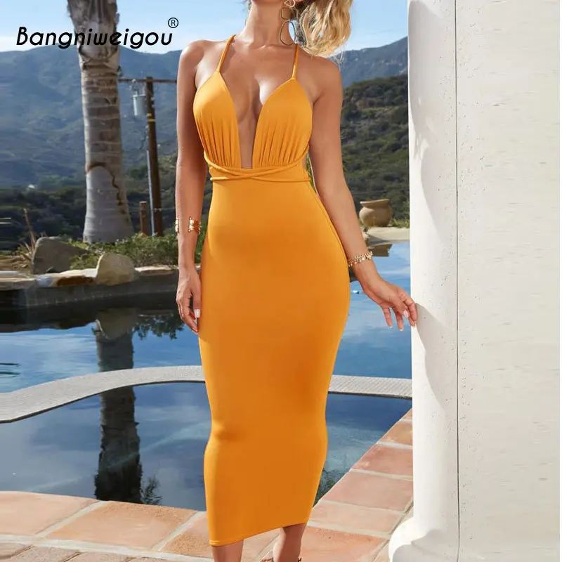 

Bangniweigou Plunge V Neck Backless Straps Crossover Bandage Dress Women Hot Tie Up Bodycon Dress for Party Night Club Orange