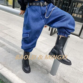 

Children's wear mid autumn 2020 winter children's pants children's jeans boys and girls hanging jeans trousers Plush