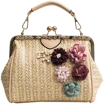 

QZUnique Women Flower Decorated Straw Woven Crossbody Shoulder Bag Handmade Rattan Top-Handle Clip Purse khaki