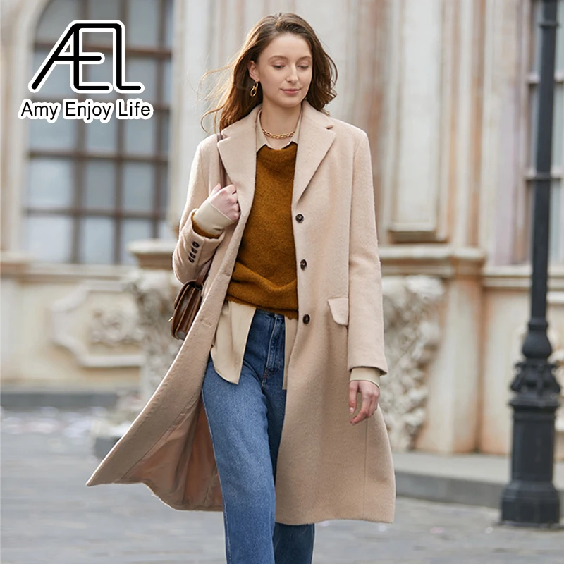

AEL Light Khaki Long Casual Woolen Coat Straight Full Sleeve Women Fashion Tide Autumn Winter Streetwear