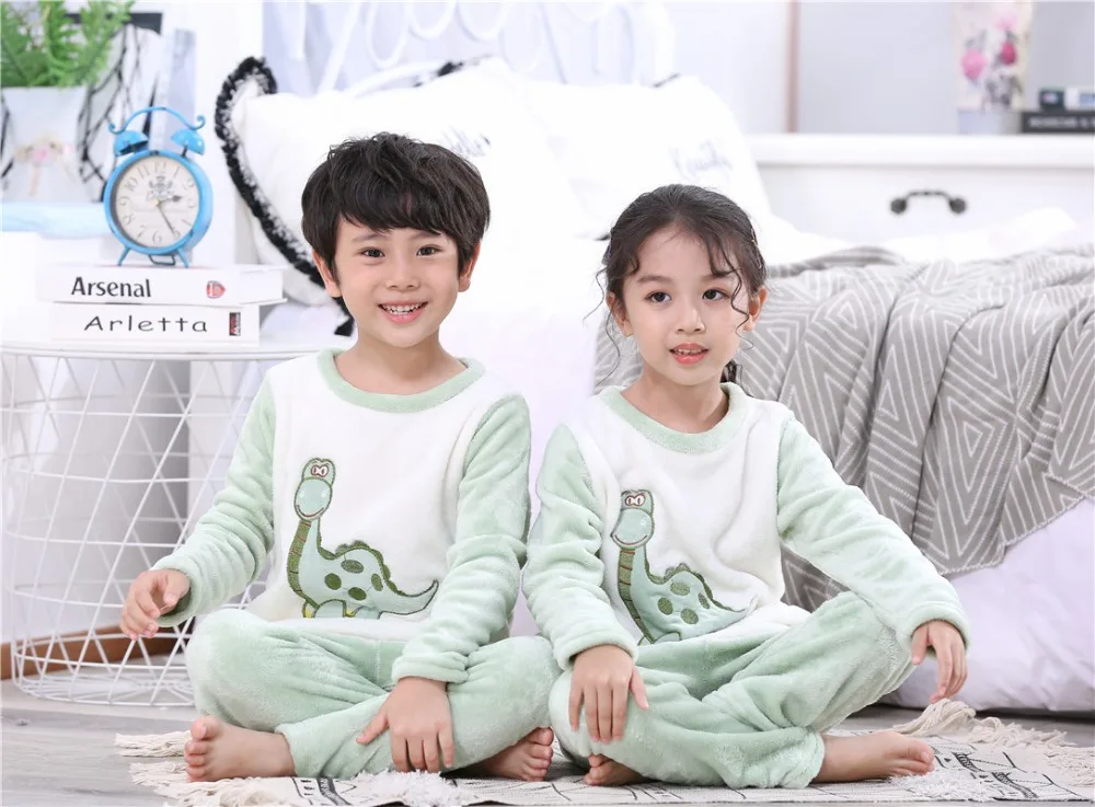Новая зимняя детская флисовая Пижама для маленьких девочек теплая фланелевая одежда для сна домашняя одежда для мальчиков из кораллового флиса, Детская Пижама, пижама-динозавр, комплект