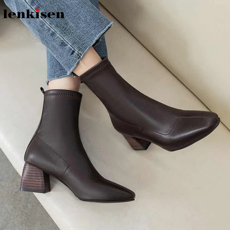 

Lenkisen fashion streetwear stretch leather boots square toe high heels solid daily wear winter keep warm women ankle boots L79