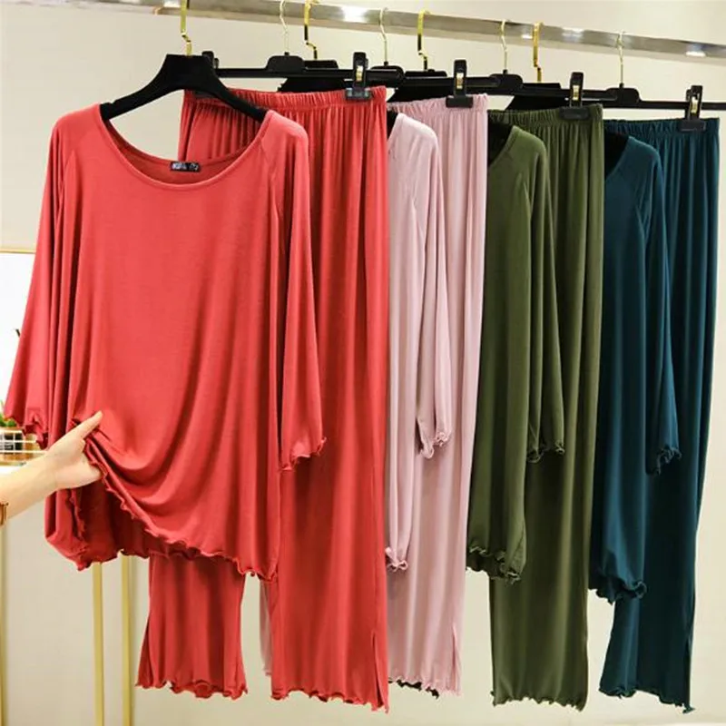 

3/4 Sleeve t-shirt + pant two-piece suit female autumn winter bottoming sleepwear women pajamas set loose cotton ladies pyjamas