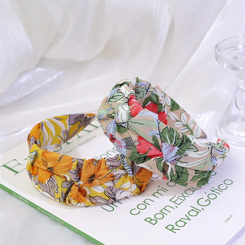 

New Style Korean Fold Headbands Satin Gradients Flower Print Solid Wide Hairbands Vintage Fabric Hair Holder Styling Tool