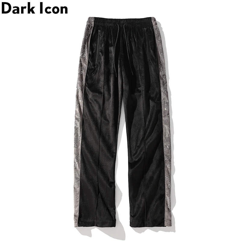Темные значки бархатные Лоскутные мужские брюки с эластичным поясом со стразами прямые брюки для мужчин и женщин с молнией на лодыжке уличные модные брюки