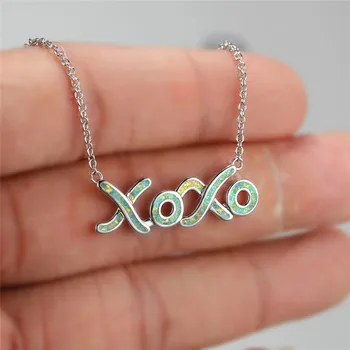 

Cute Female White Opal Pendant Necklace Rose Gold Silver Color Chain Necklaces For Women Simple Letter XOXO Wedding Necklace