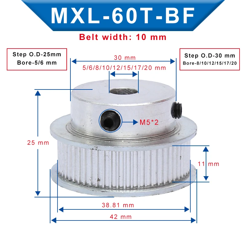 

1 Piece MXL-60T Timing Pulley Bore 5/6/8/10/12/15/17/20 mm Pulley Wheel Slot Width 11 mm Match with Width 10 mm MXL-Timing belt