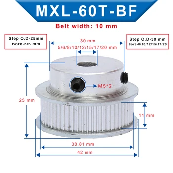 

1 Piece MXL-60T Timing Pulley Bore 5/6/8/10/12/15/17/20 mm Pulley Wheel Slot Width 11 mm Match with Width 10 mm MXL-Timing belt