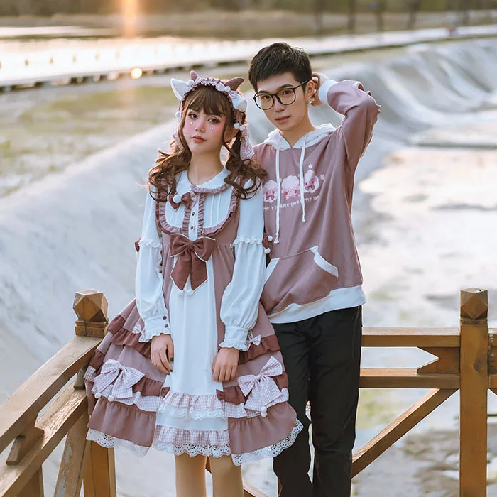 

Japanese sweet lolita dress retro falbala lace bowknot turn-down collar high waist victorian dress kawaii girl gothic lolita op