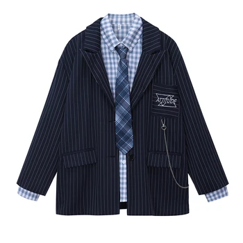 

Autumn and winter blue plaid shirt with tie + British style suit striped suit women 2020