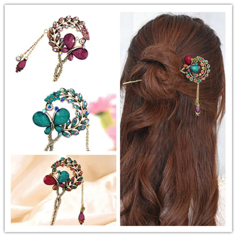 

Women Lady Retro Crystal Butterfly Flower Chinese Hairpins Hair Stick Hair Clip