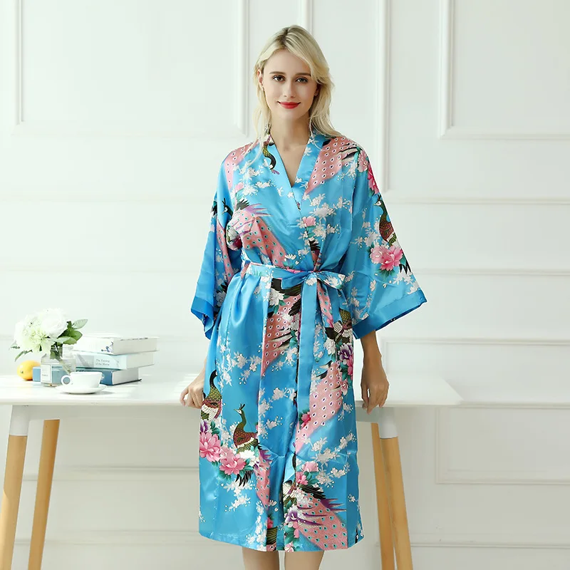 Print sleepwear robe women long sexy silk bathrobe female bride gown spring summer peacock home wear kimono night dress DR18336 (16)