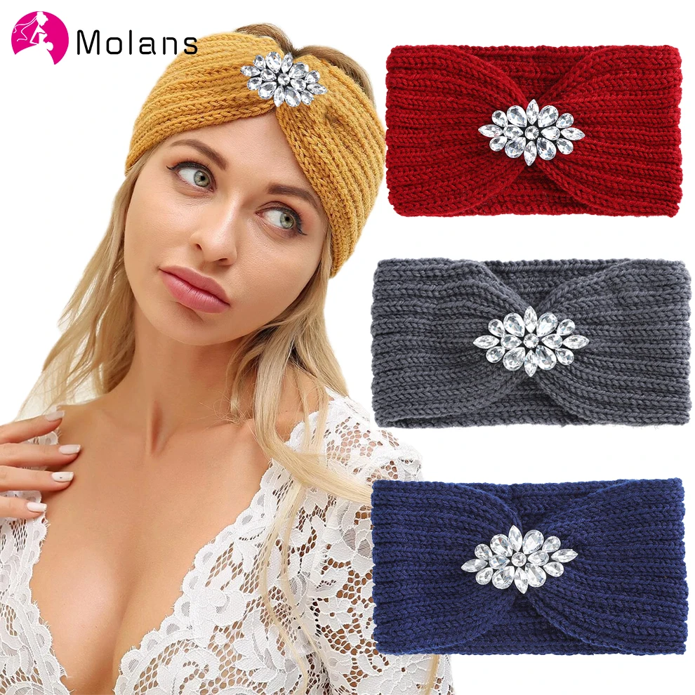 Повязка на голову женская Molans однотонная трикотажная повязка со стразами зимние