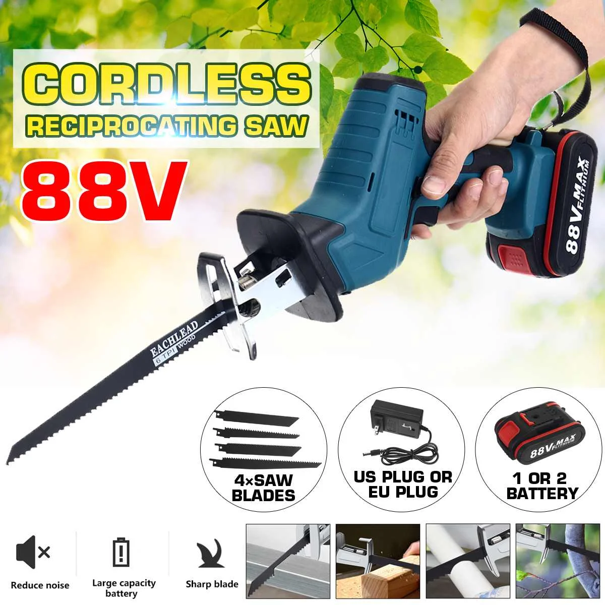 88V Cordless Reciprocating Saw Electric Saw with 4 Blades For Wood